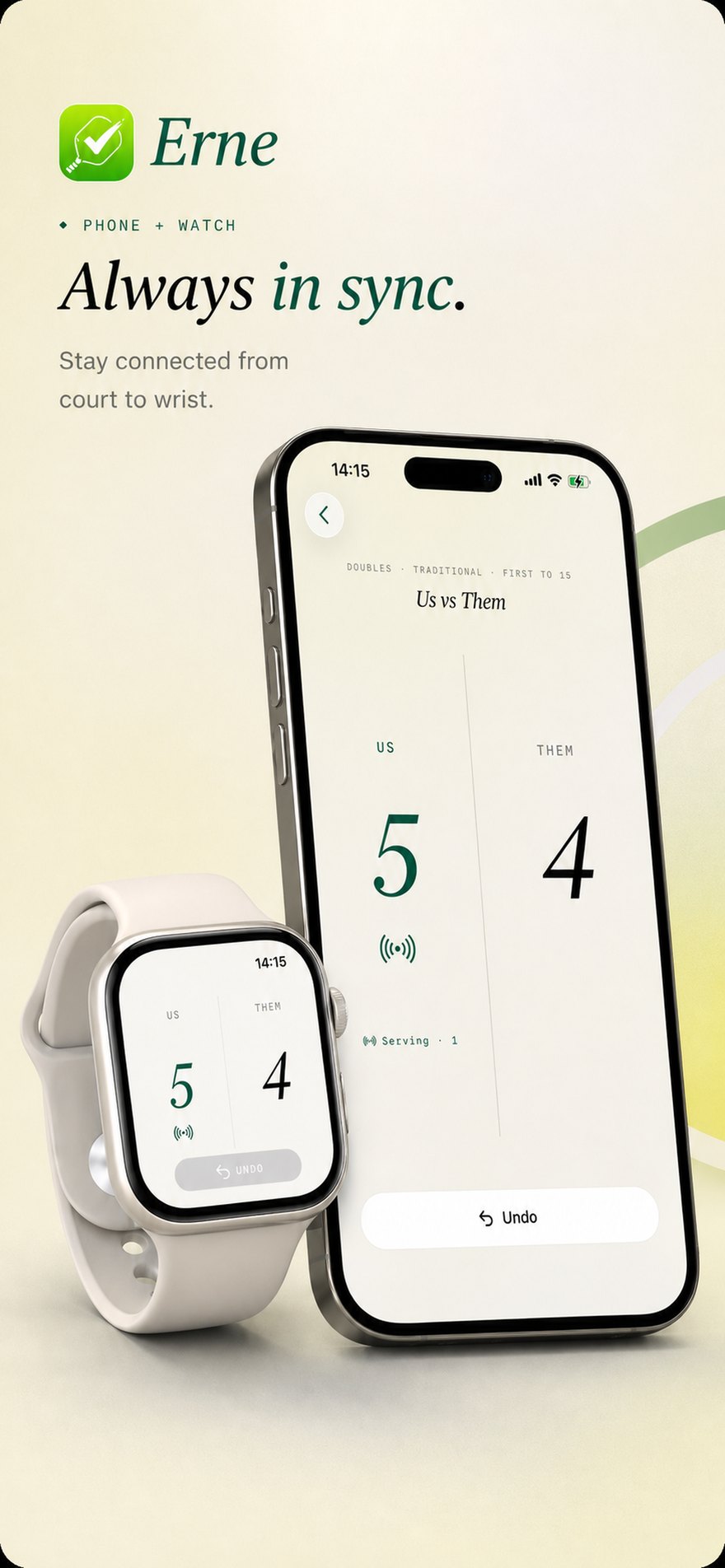 Erne running on iPhone and Apple Watch — Always in sync