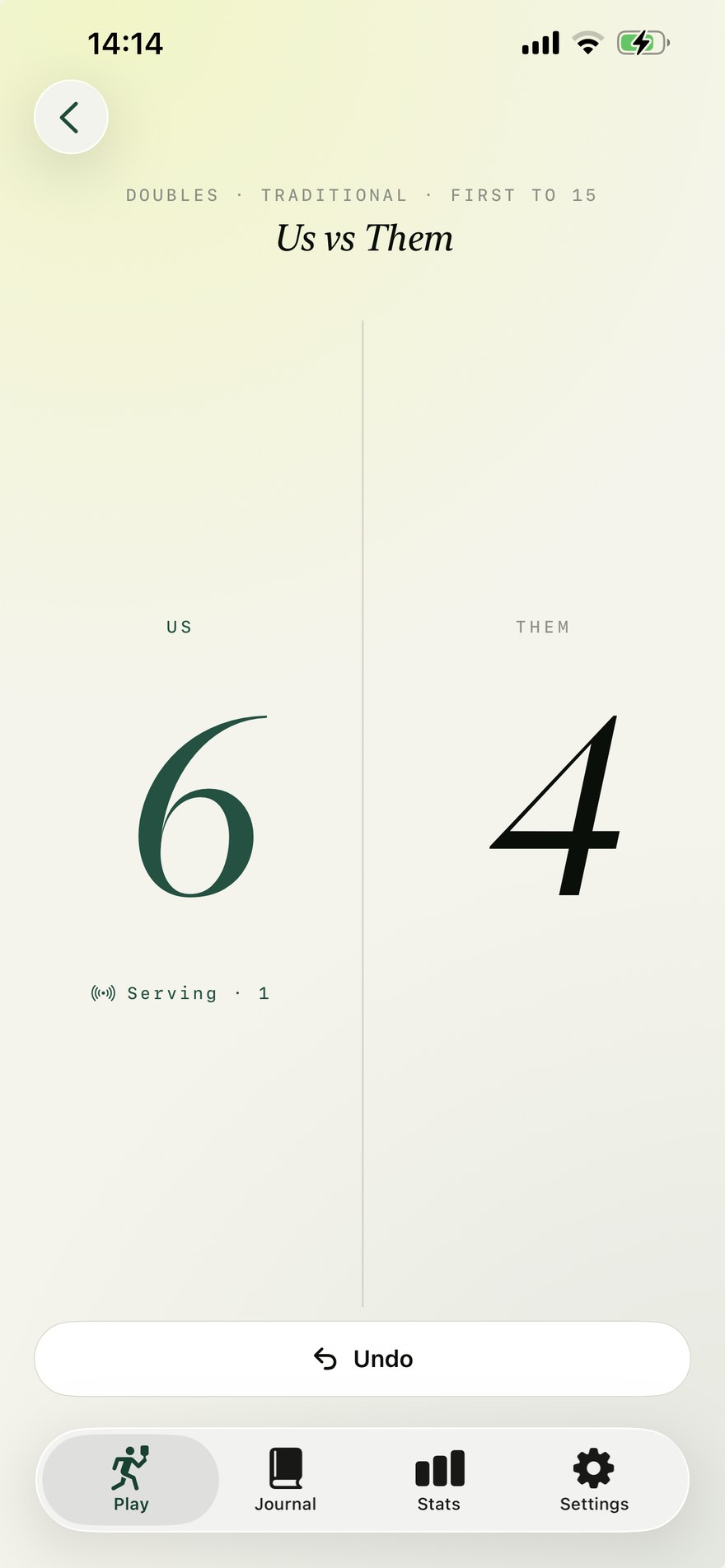 Erne live match scoreboard showing Us 6, Them 4 with Doubles, Traditional, First to 15