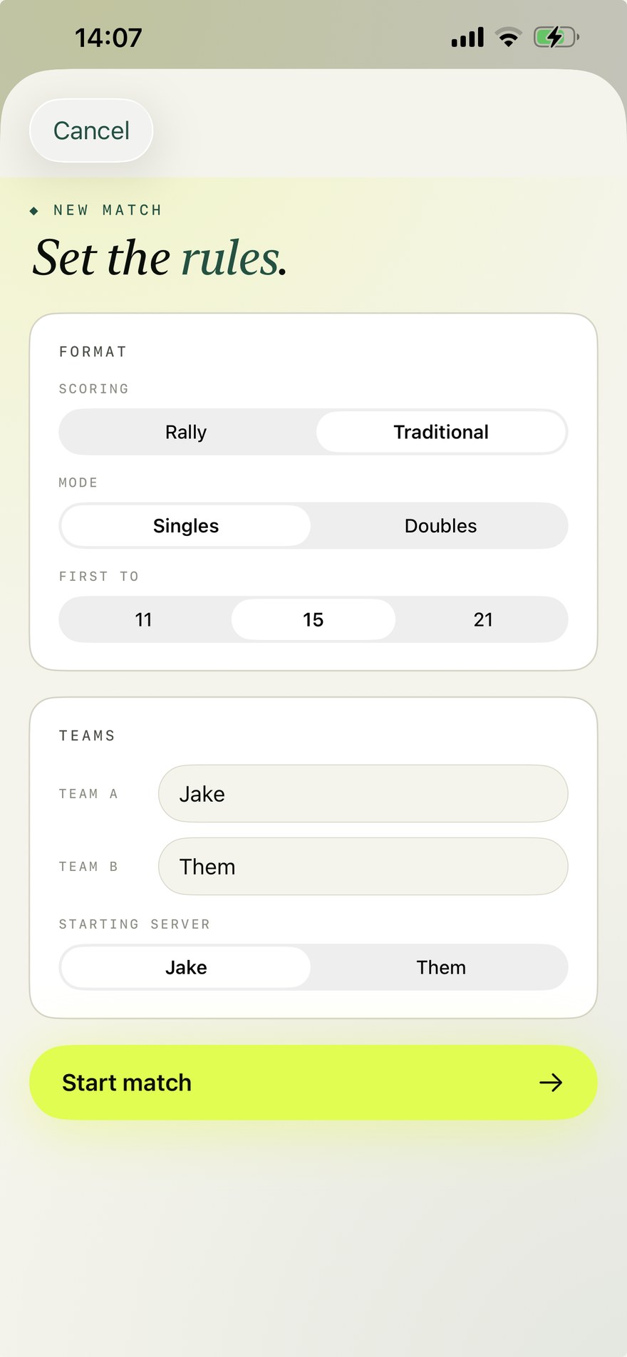 Erne new match setup: Rally or Traditional, Singles or Doubles, First to 11/15/21, team labels and starting server