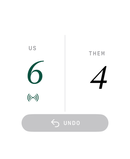 Erne on Apple Watch showing Us 6, Them 4 with an undo button